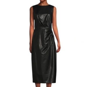 Calvin Klein Faux Vegan Leather Sheath Midi Dress In Black Size US 8 NWT